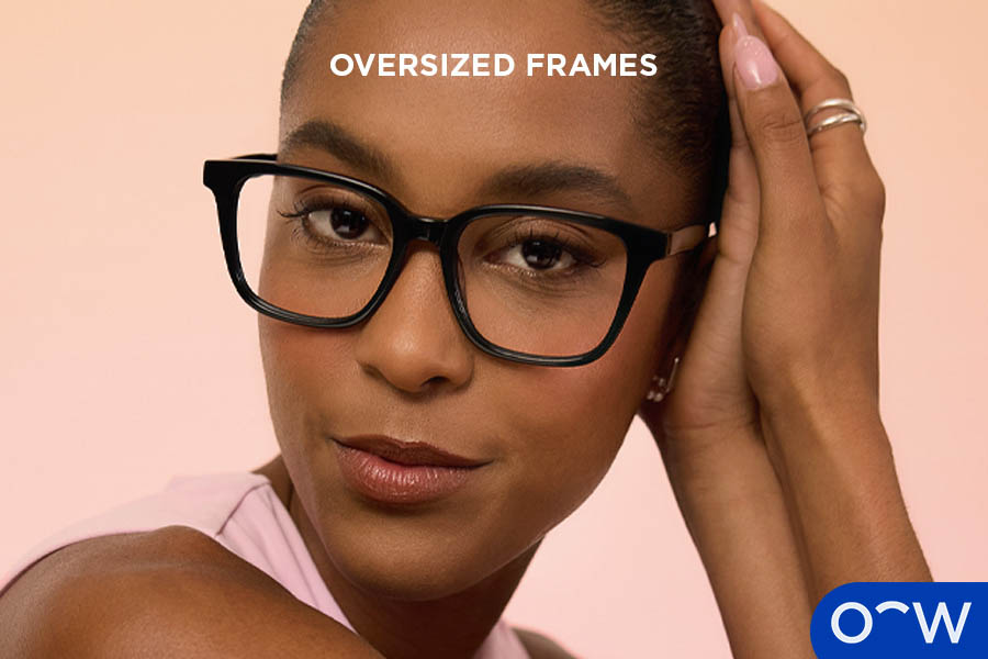 A close-up angle of a lady wearing oversized frames