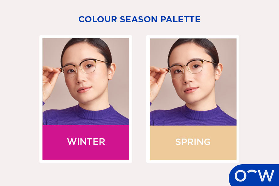 Two images of the same woman with example colour palettes for winter and spring