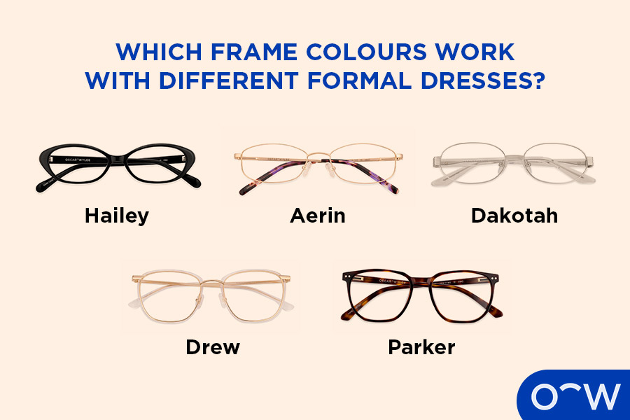 Frame images of Hailey in Obsidian Black, Aerin in Gold, Dakotah in Silver, Drew in Clear Crystal and Parker in Auburn Tortoise.