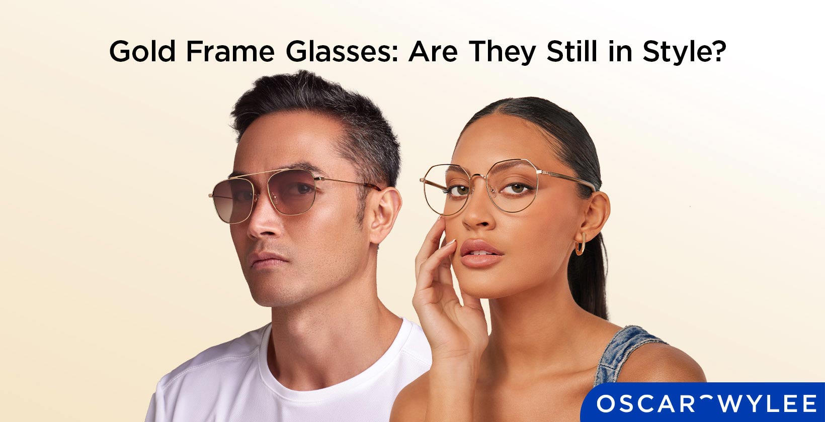 Trendy gold frame glasses on a stylish person.