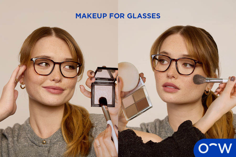 A woman with glasses and two makeup palettes held up to her face in one image and another image of the same woman getting her makeup done. 