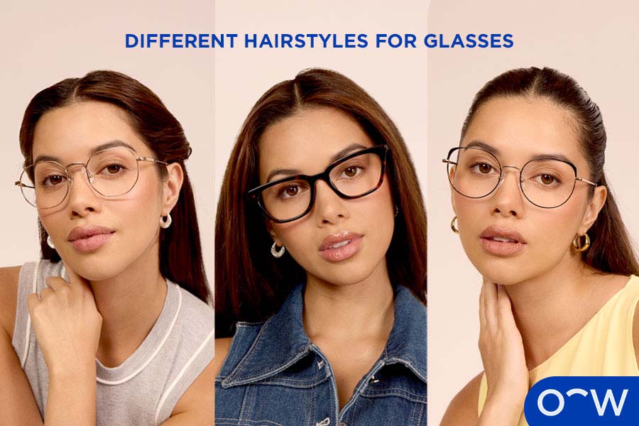 A woman wearing glasses with different hairstyles. 