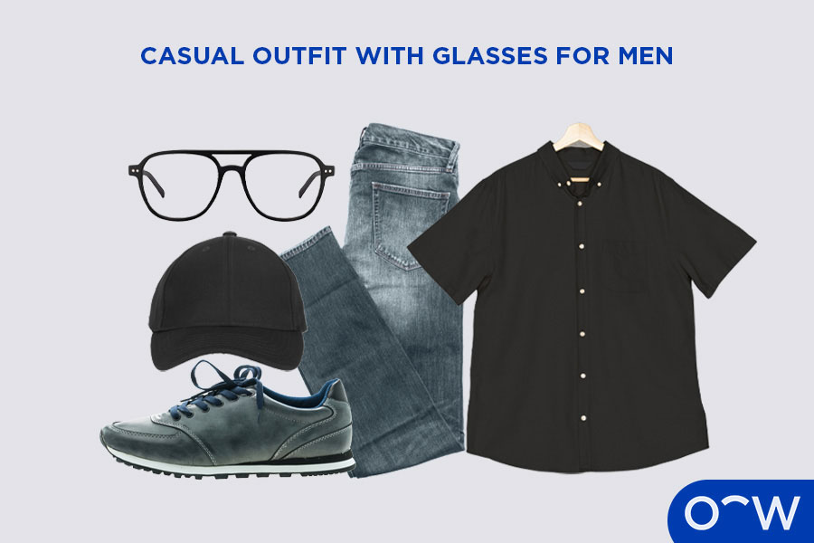 A short-sleeve button shirt, jeans or chinos, a baseball cap, sneakers and oversized or tortoiseshell frames.