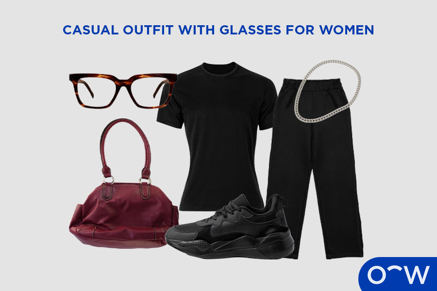 Plain white or black t-shirt, wide-leg pants, sneakers, necklace, leather bag and oversized or tortoiseshell frames.