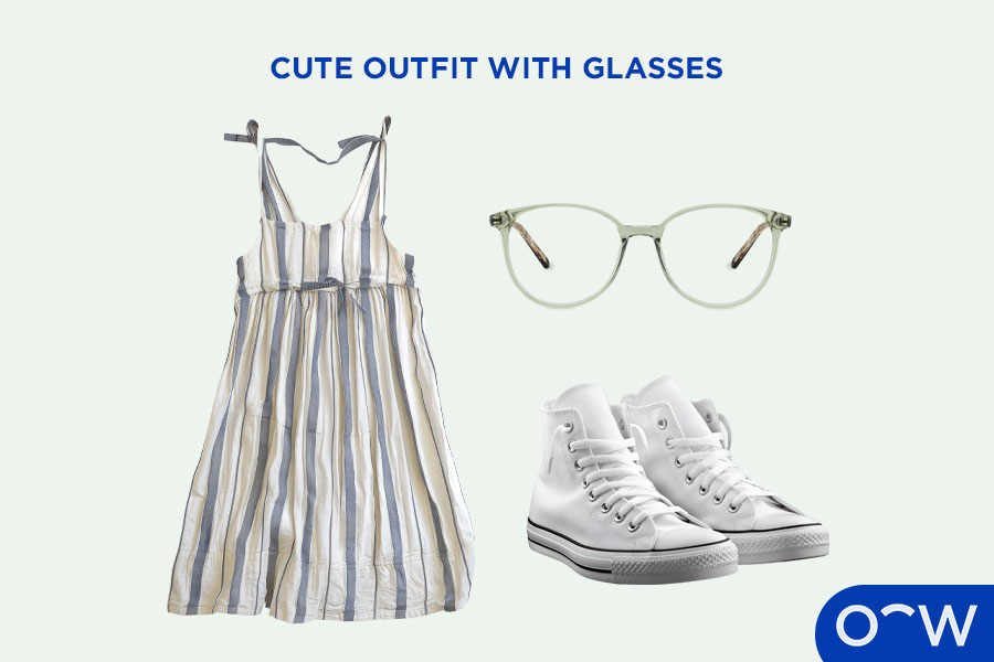 A collage of clothing pieces consisting of a pastel-coloured dress, white sneakers ballet flats and round, pink or pastel acetate frames.