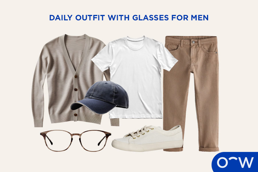 A collage of clothing pieces consisting of a cardigan, t-shirt, chinos, white sneakers and round glasses