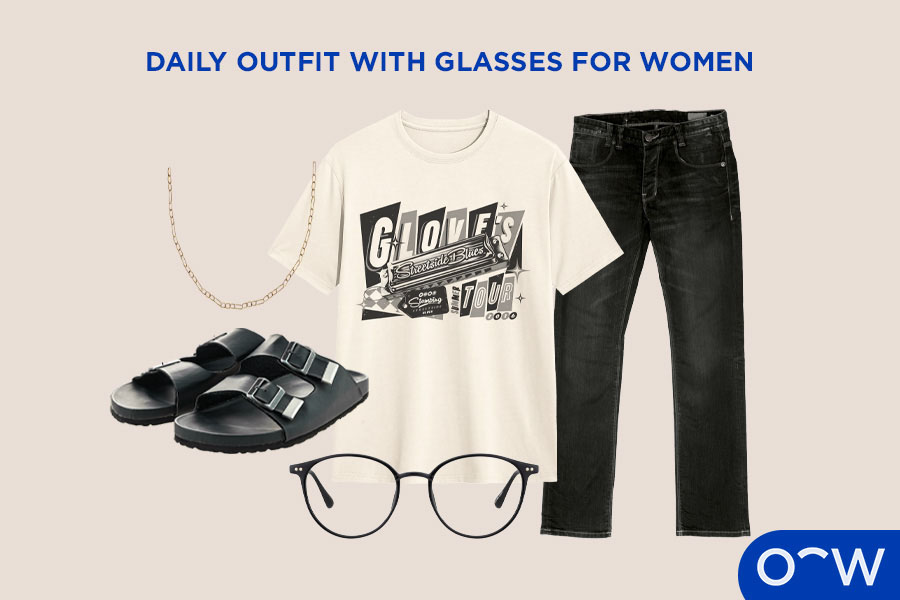 A collage of clothing consisting of a graphic T-shirt, black jeans, leather clogs, necklace and rounded glasses..