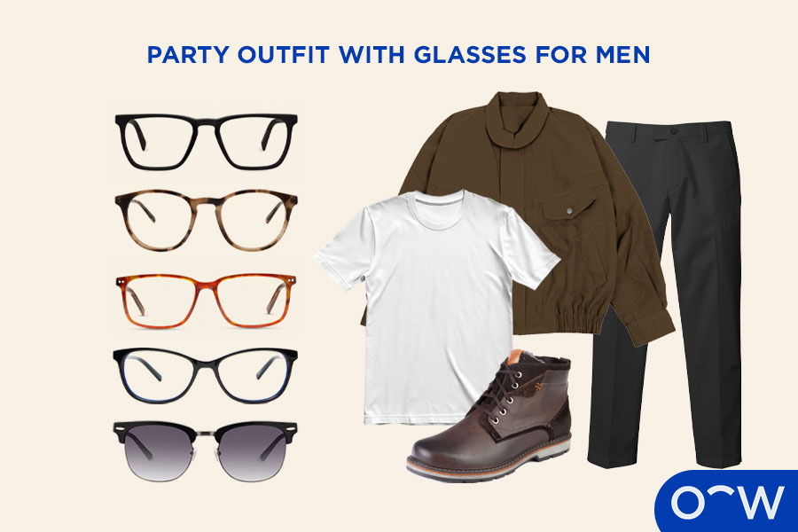 Black sunglasses, brown jacket, white t-shirt, brown boots, cat-eye frames, coloured frames, black frames and patterned frames.