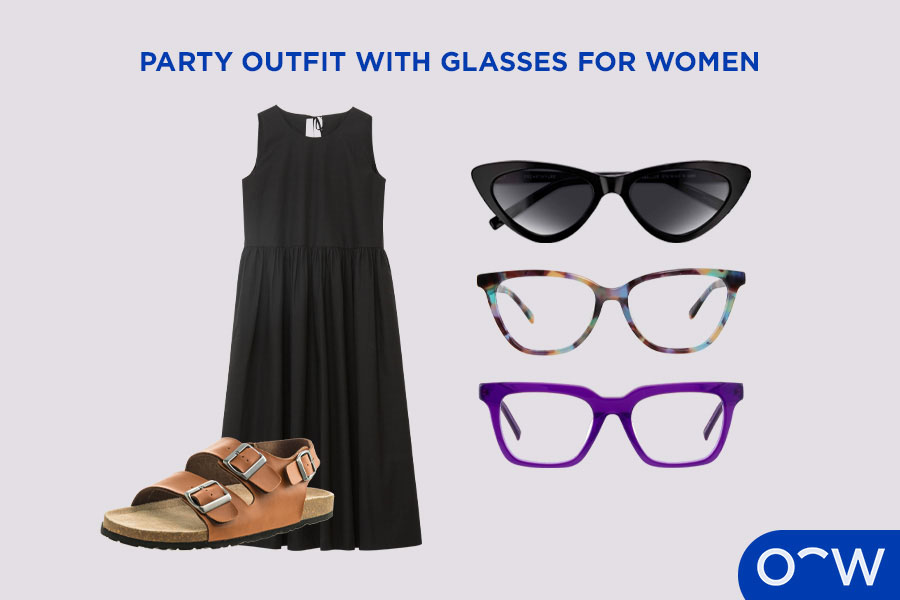 A black dress, sandals and cat-eye frames, coloured frames, black frames and patterned frames.