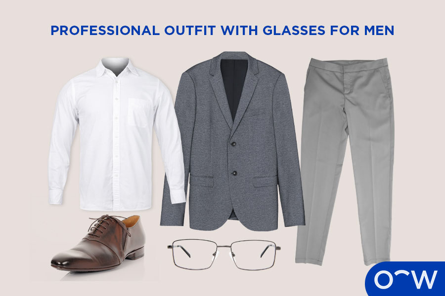 Collage of men's professional outfit consisting of a grey blazer, white button shirt, grey tapered pants, brown leather dress shoes and metal glasses.