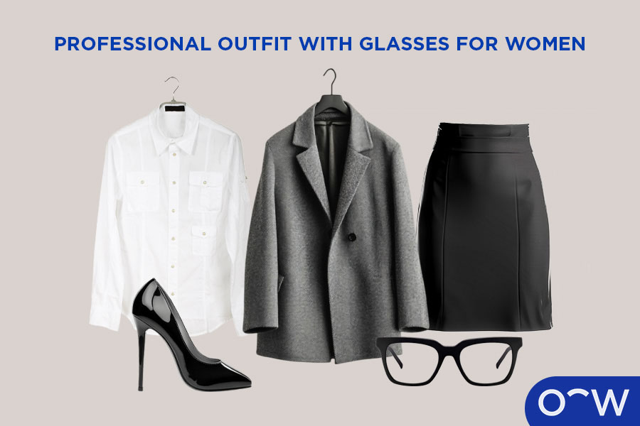 A collage of clothing consisting of a tailored charcoal grey blazer, white button-up shirt, black pencil skirt, classic black pumps and metal or square frames.