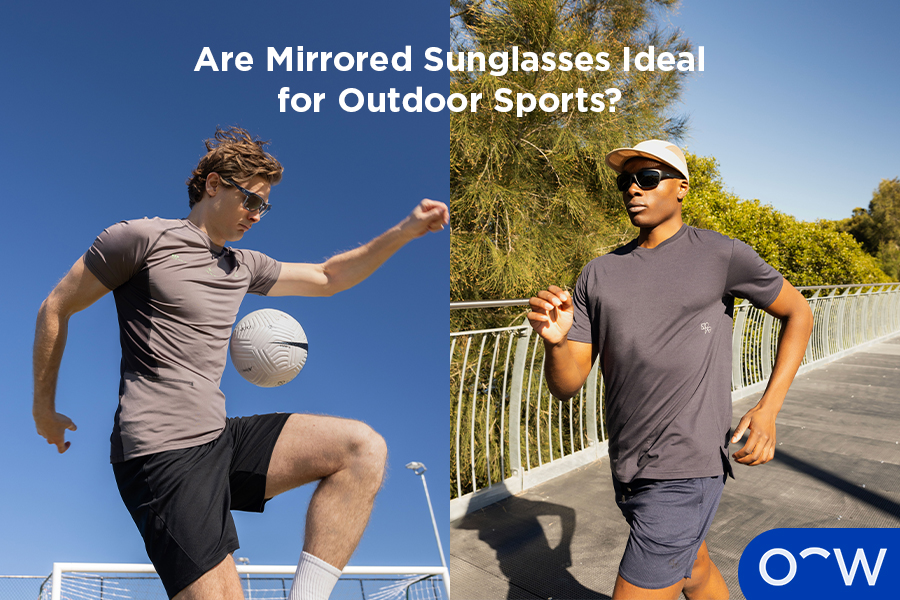 A person wearing mirrored sunglasses outside, during sports.