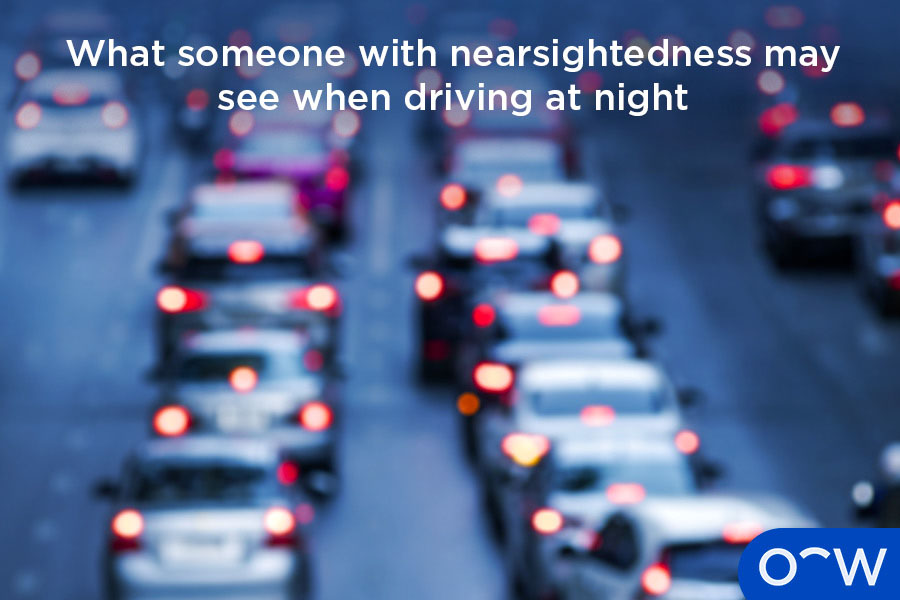 What someone with nearsightedness might see when driving at night