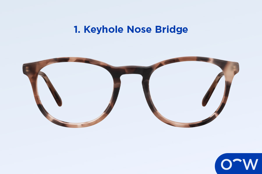 A pair of glasses with a keyhole nose bridge.