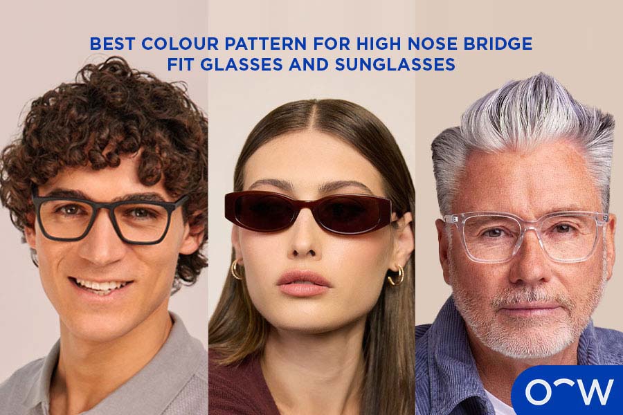 A photo of three models in different patterned high nose bridge fit glasses and sunglasses. A man wearing Kevin in Obsidian Black Matte, a woman wearing Jessie in cioccolatto, and a men wearing Jinky in Clear Crystal.