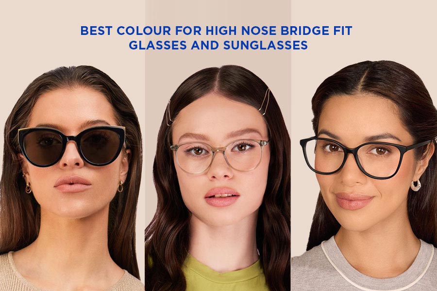 A photo of three Oscar Wylee high nose bridge fit glasses and sunglasses: Frieda in Obsidian Black Matte, Chiara in Elf Green, and Amelia in Panther