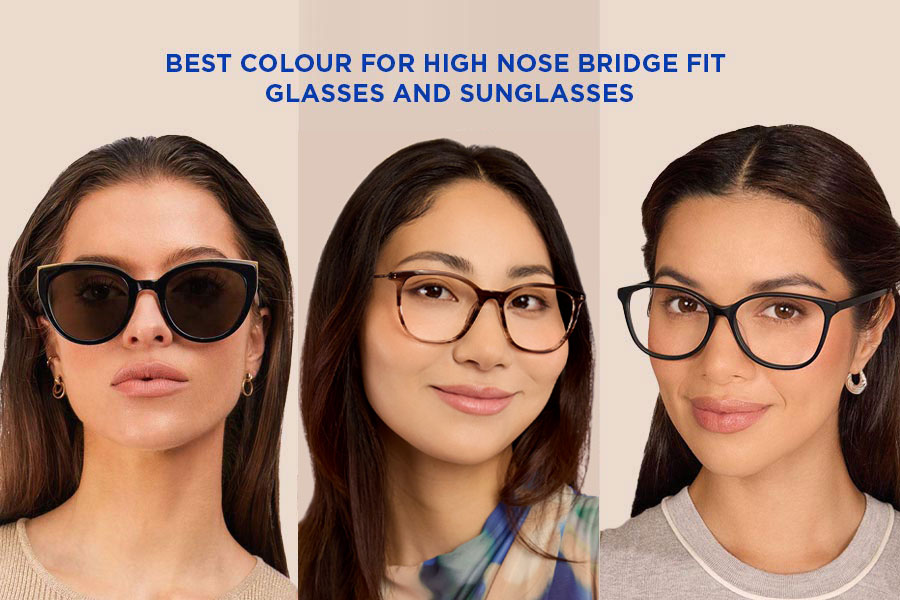 A photo of three Oscar Wylee high nose bridge fit glasses and
            sunglasses: Frieda in Obsidian Black Matte, Chiara in Elf Green, and
            Amelia in Panther