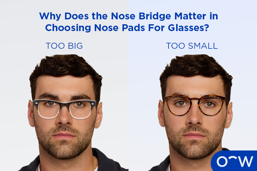 A person wearing glasses with a nose bridge that’s too big next to the same person wearing glasses with a nose bridge that’s too small.