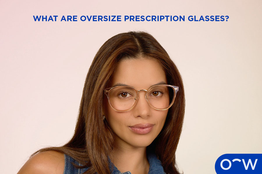 A woman posing wearing a pair of oversized, clear square round
glasses.