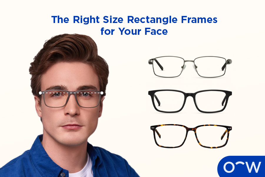 A person with measuring lines on their face, demonstrating the areas that need to be considered when picking your frame size, next to Oscar Wylee rectangle frames in varying sizes.
