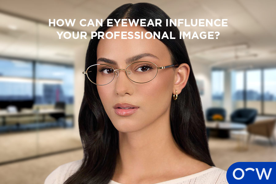 A woman wearing our Kaycee frames in a professional environment.
