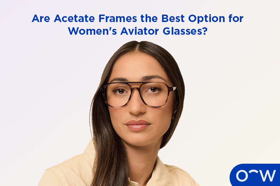 A woman posing wearing acetate aviator glasses.