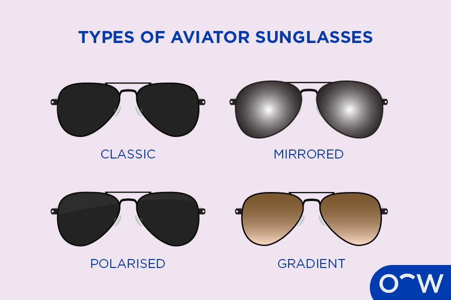 Different types of aviator sunglasses