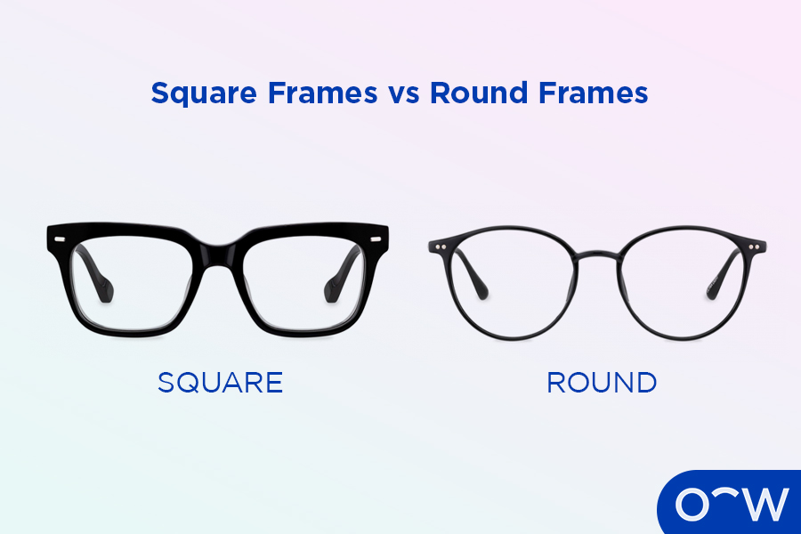 A pair of square frame glasses next to a pair of round frame
glasses showing differences in their features.