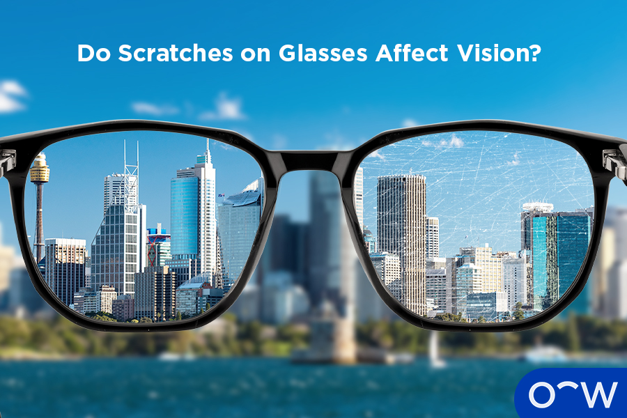 A scratched lens with obscure vision next to an unscratched lens with clear vision.