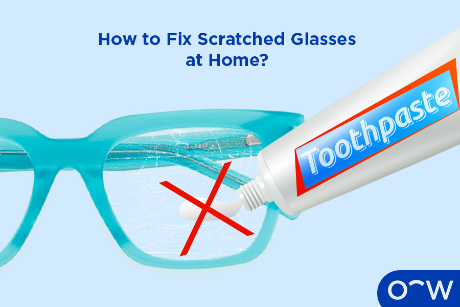  An image of glasses with a scratch, with toothpaste being applied on the scratch. There is a big X across the toothpaste, as this is not a good method for removing scratches.