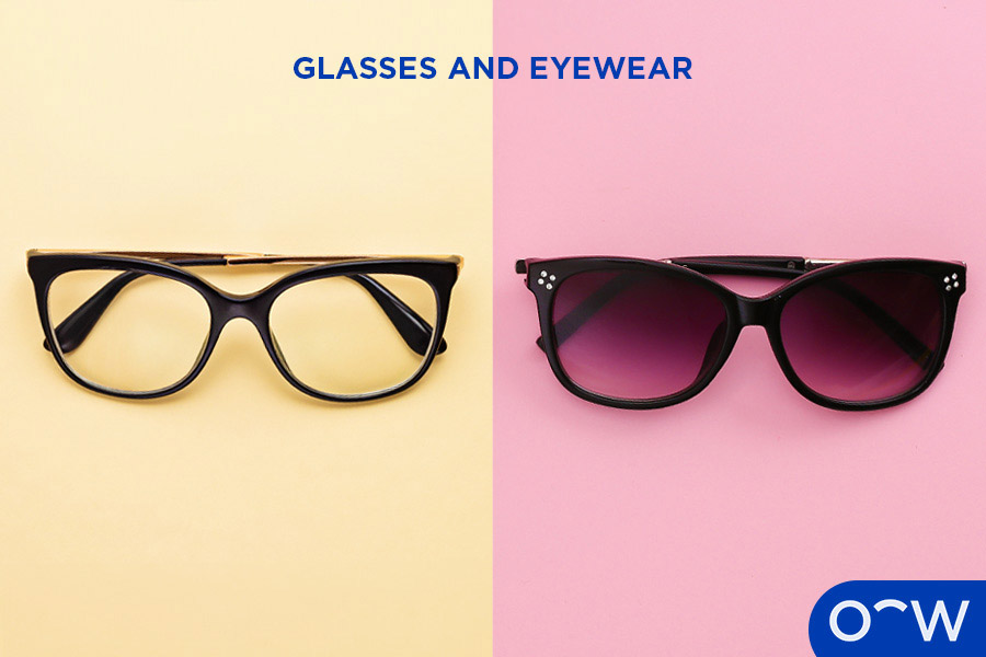 A pair of glasses next to a pair of sunglasses.