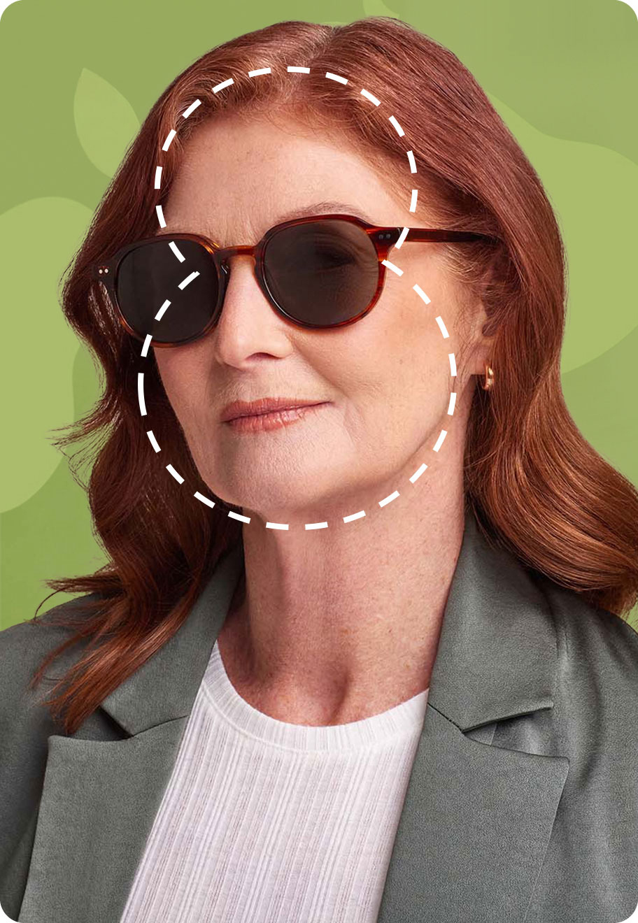 A woman with a pear face shape, wearing sunglasses.