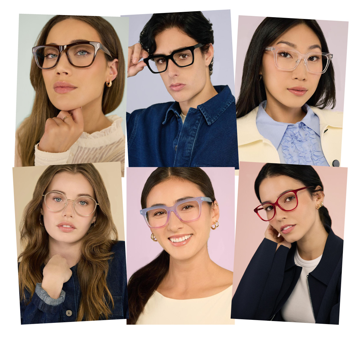 Together Collection, eyewear crafted to fit you and all that makes you unique. Image shows the collection’s frames worn by different people.